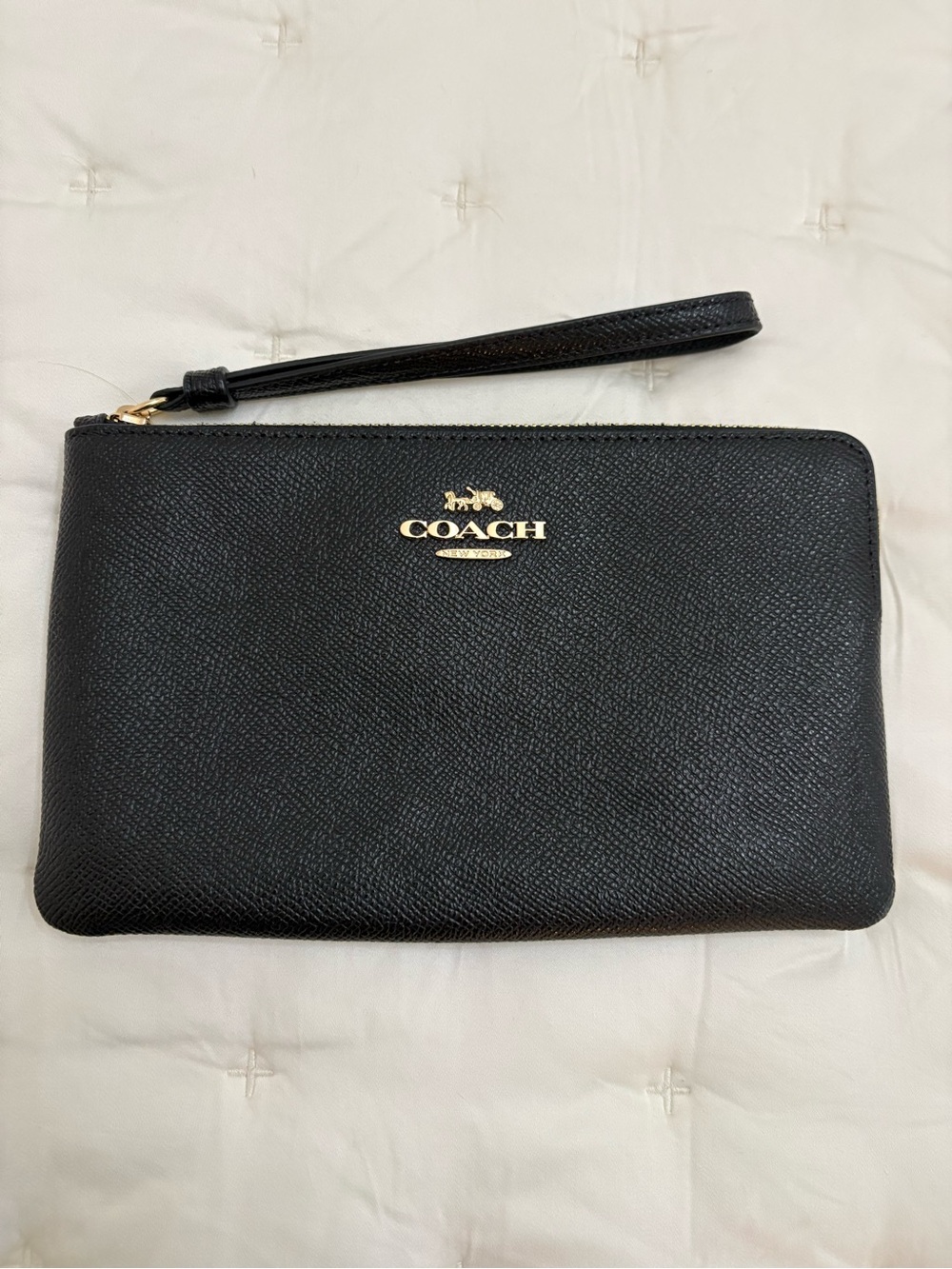 Coach Black Leather Zip Wristlet with Gold Logo